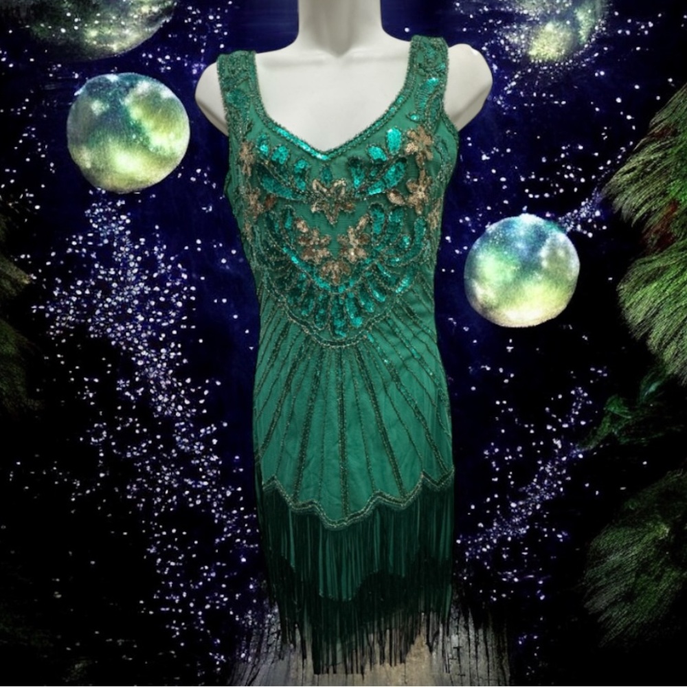 Chic Teal Beaded sequined Fringe Dress size XS